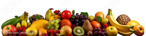 Mountain of different types of fruits isolated on transparent background, PNG file. Element of different fruits for banner or background: banana, apple, kiwi, grapes... photo