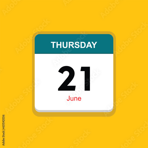 june 21 thursday icon with yellow background, calender icon