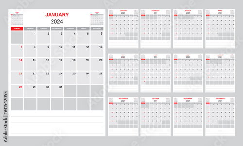 Monatlicher Kalender 2024, Woche startet  Sonntag