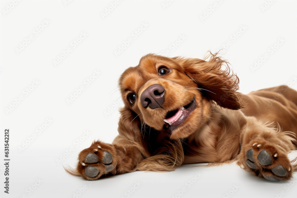 Pure youth crazy. English cocker spaniel young dog is posing. Cute playful white-braun doggy or pet is playing and looking happy isolated on white background - Created with Generative AI technology.