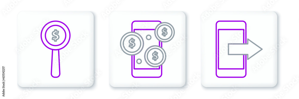 Set line Smartphone, mobile phone, Magnifying glass and dollar symbol and with icon. Vector Set line Smartphone, mobile phone, Magnifying glass and dollar symbol and with icon. Vector