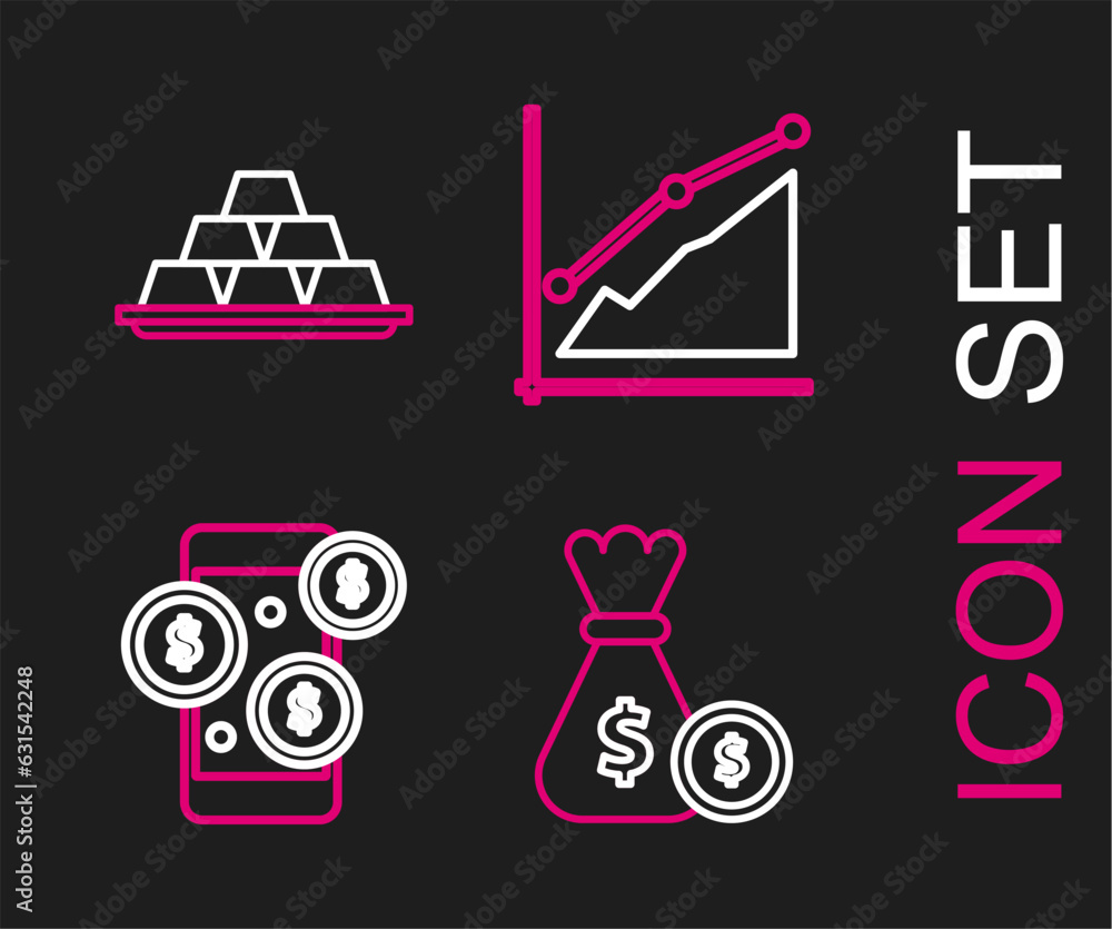 Set line Money bag and coin, Smartphone with dollar symbol, Pie chart infographic and Gold bars icon. Vector Set line Money bag and coin, Smartphone with dollar symbol, Pie chart infographic and Gold bars icon. Vector