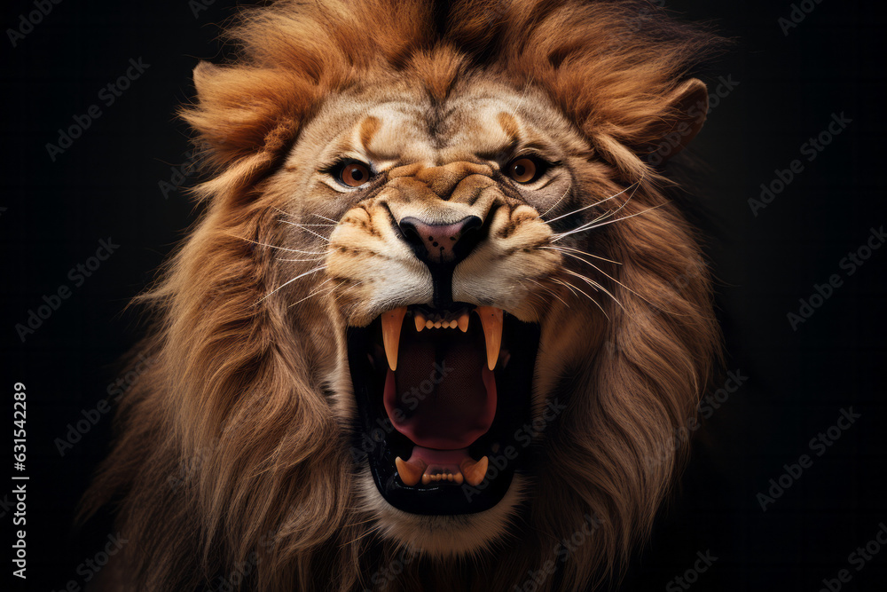 the lion king - roar - teeth - wild lion - studio - isolated - dark background - Created with Generative AI technology.
