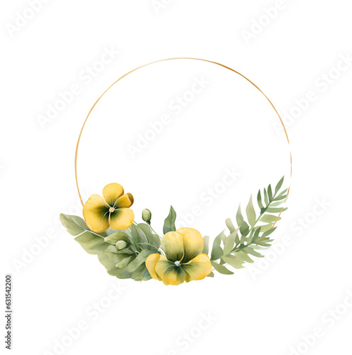 Vector invitation or greeting circle card with yelow and violet pansy flowers, lisianthus flowers and forget-me-not flowers. Vector