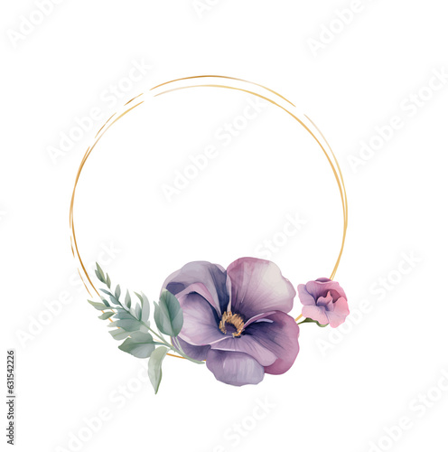 Vector invitation or greeting circle card with yelow and violet pansy flowers, lisianthus flowers and forget-me-not flowers. Vector