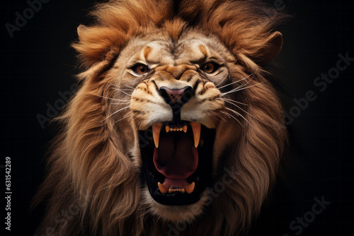 the lion king - roar - teeth - wild lion - studio - isolated - dark background - Created with Generative AI technology.