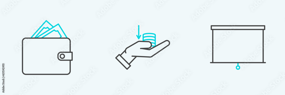 Set line Chalkboard, Wallet with stacks paper money cash and Money hand icon. Vector Set line Chalkboard, Wallet with stacks paper money cash and Money hand icon. Vector