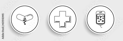 Set line IV bag, Medicine pill or tablet and Cross hospital medical icon. Vector