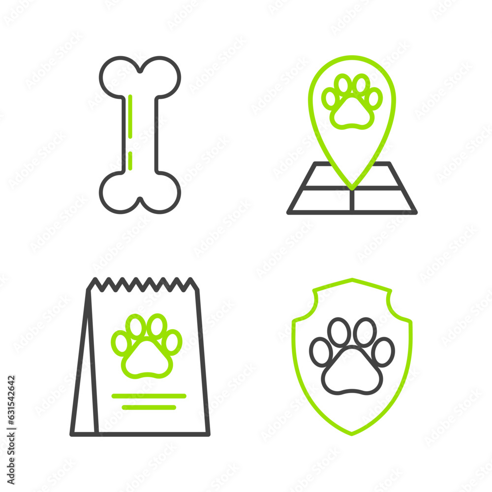 Set line Animal health insurance, Bag of food for dog, Map pointer with veterinary medicine hospital and Dog bone icon. Vector