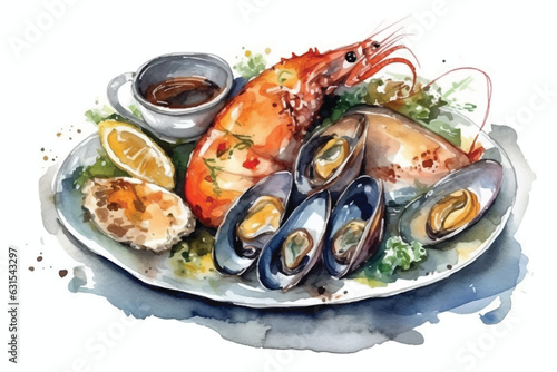 Set of seafood with salmon, squid, crab, mussels, oysters, shrimp, lemon, and greens, Watercolor painting art illustration on white background.
anchovies, appetite, background, chive, delicious