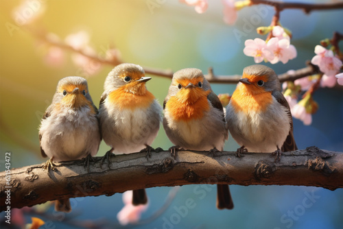 Beautiful birds sitting on a branch of a blossoming tree.