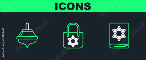 Set line Jewish torah book, Hanukkah dreidel and Shopping bag with star of david icon. Vector