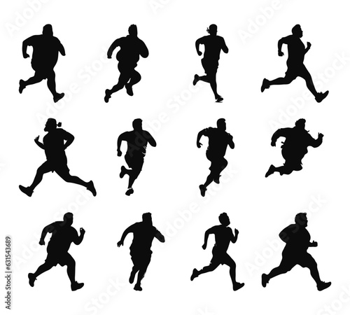 fat man running jogging silhouette set, healthy fitness concept
