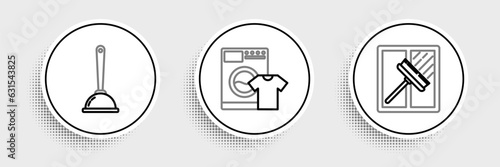 Set line Squeegee, scraper, wiper, Toilet plunger and Washer and t-shirt icon. Vector
