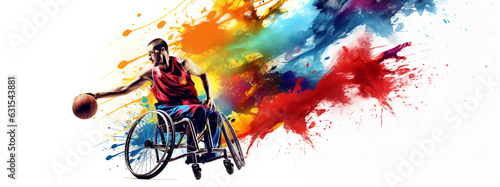 Disability weelchair basketball sport player, colorful splash illustration