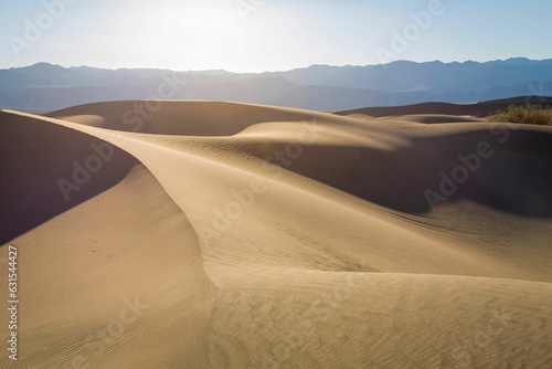 Vast expanse of golden sand with a deep blue sky in the background