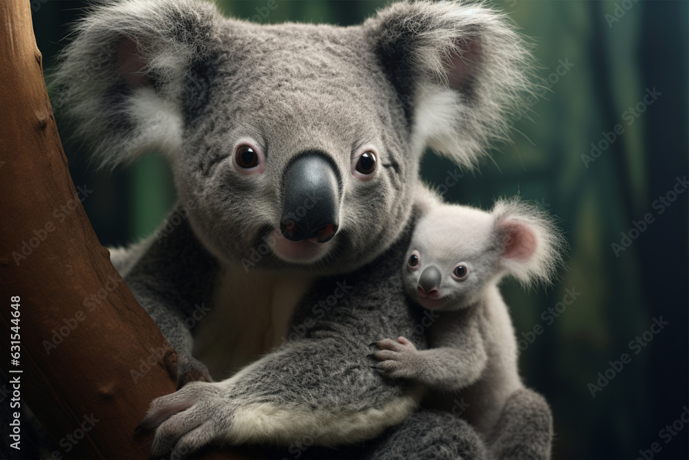 Cute koala with her baby on eucalyptus tree Cute koala with her baby on eucalyptus tree