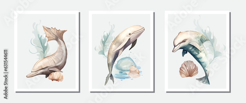 set of watercolor cute animal and plant Marine life under sea vector illustration. Cartoon ocean isolated for aquarium or sea waters collection