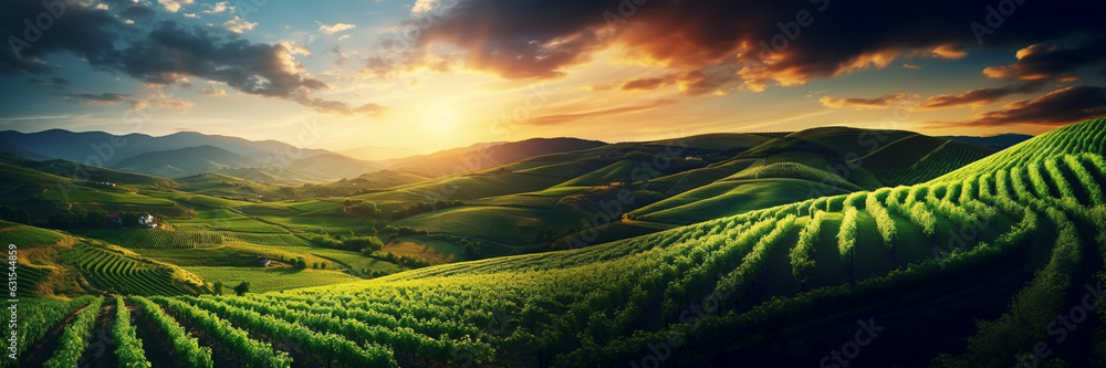 Vineyards rows in green hill, agriculture landscape sunset light