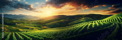 Vineyards rows in green hill, agriculture landscape sunset light