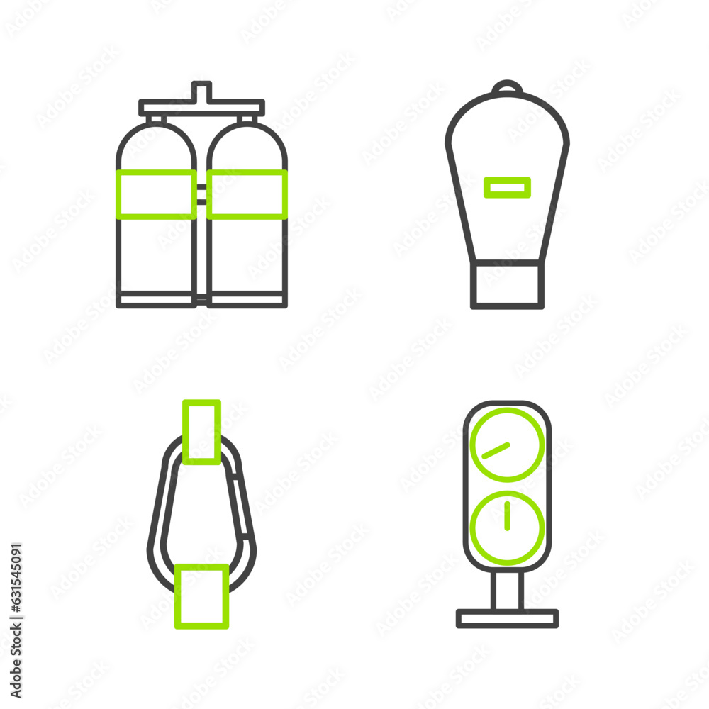 Set line Gauge scale, Carabiner, Lift bag and Aqualung icon. Vector Set line Gauge scale, Carabiner, Lift bag and Aqualung icon. Vector
