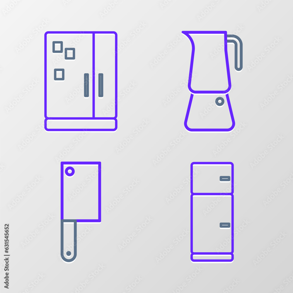 Set line Refrigerator, Meat chopper, Moka pot and icon. Vector Set line Refrigerator, Meat chopper, Moka pot and icon. Vector