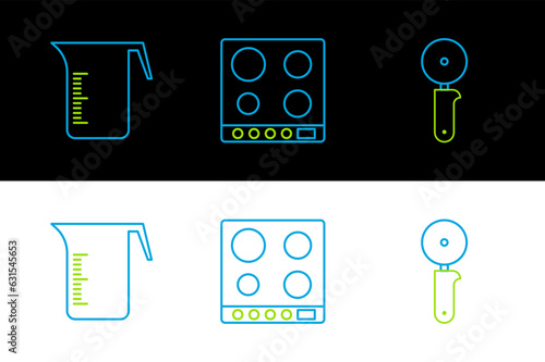 Set line Pizza knife, Measuring cup and Gas stove icon. Vector