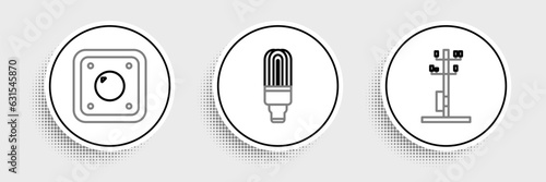 Set line High voltage power pole line, Electric light switch and LED bulb icon. Vector