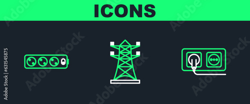 Set line Electrical outlet, extension cord and High voltage power pole line icon. Vector