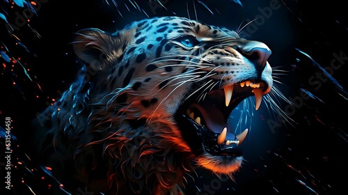 Roar cheetah or leopard with splash blue light water on Black background. 8k resolution