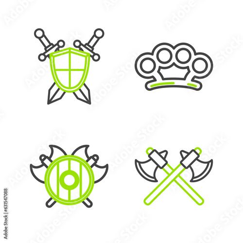 Set line Crossed medieval axes, Medieval shield with crossed, Brass knuckles and swords icon. Vector