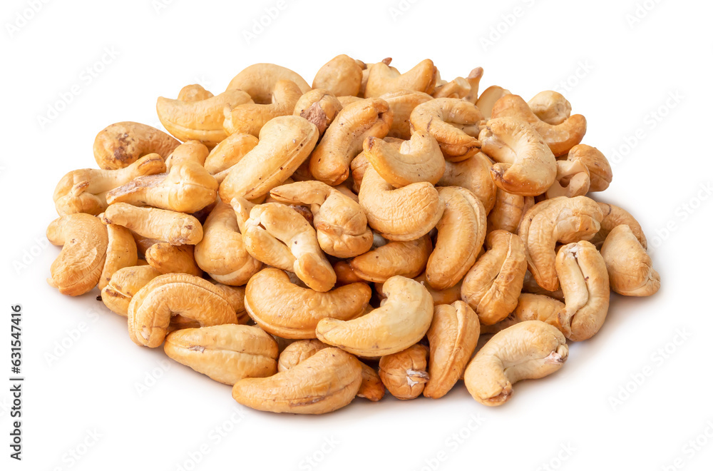 Roasted brown cashew nuts in stack isolated on white background with clipping path. Roasted brown cashew nuts in stack isolated on white background with clipping path.