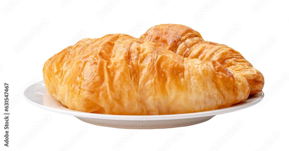 Two pieces of croissant in stack in white plate isolated on white background with clipping path