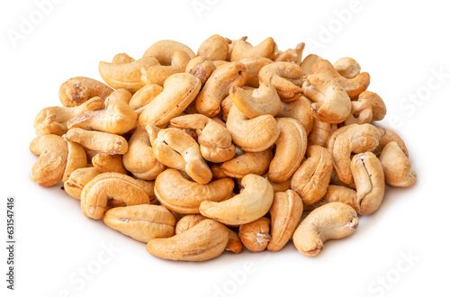 Roasted brown cashew nuts in stack isolated on white background with clipping path.