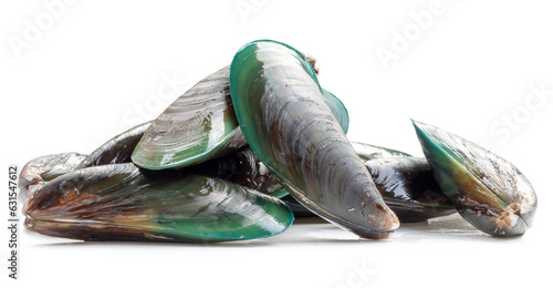 Raw food of fresh beautiful green mussels in stack isolated on white background with clipping path and shadow in png file format