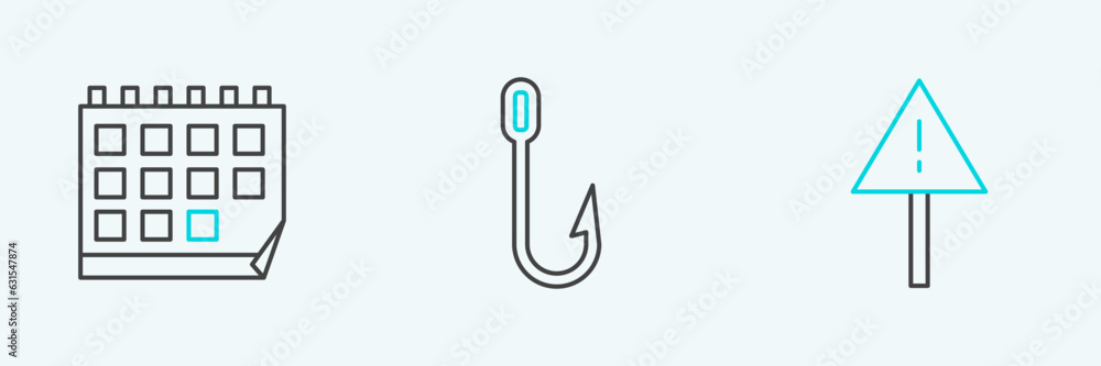 Set line Exclamation mark in triangle, Calendar and Fishing hook icon. Vector Set line Exclamation mark in triangle, Calendar and Fishing hook icon. Vector