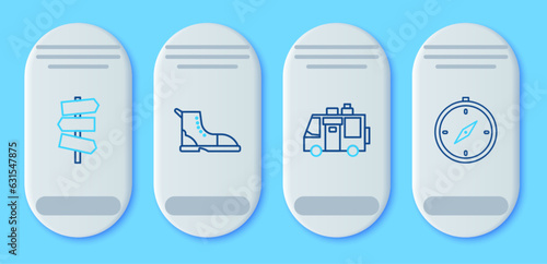 Set line Hiking boot, Rv Camping trailer, Road traffic signpost and Compass icon. Vector