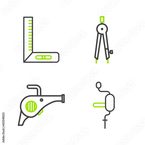 Set line Hand drill, Leaf garden blower, Drawing compass and Corner ruler icon. Vector