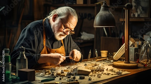 Jeweler work at table carefully craft jewelry