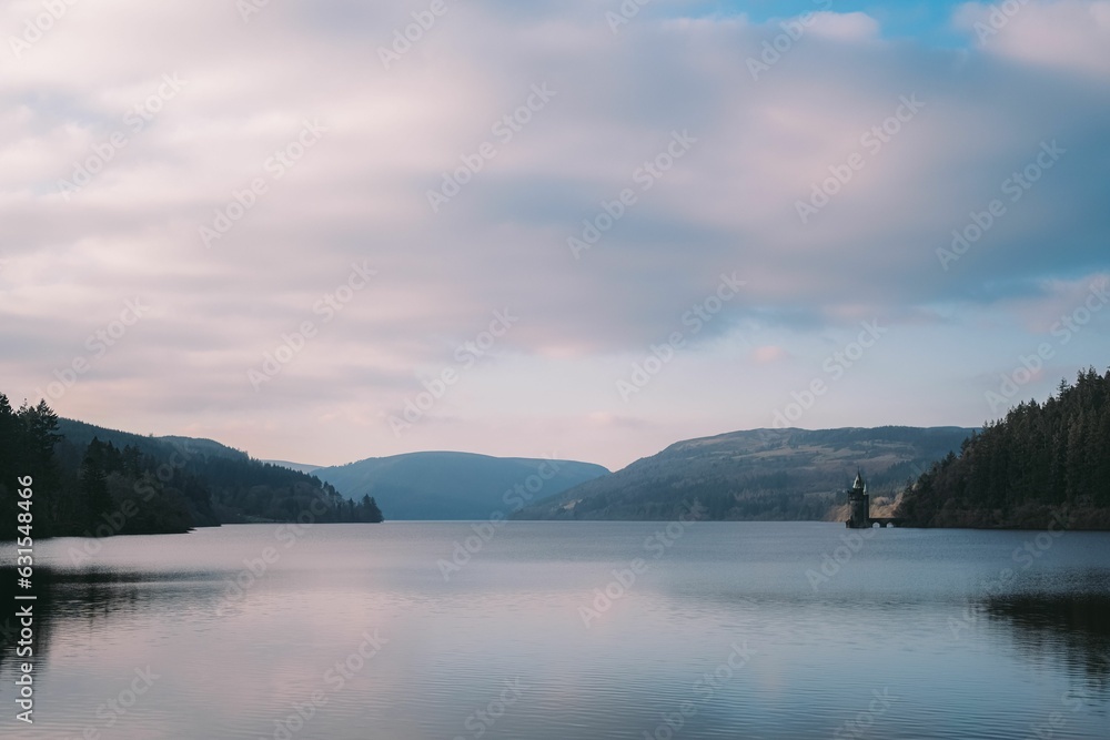 Mesmerizing view of Lake Vyrnwy in North Wales against the cloudy sky