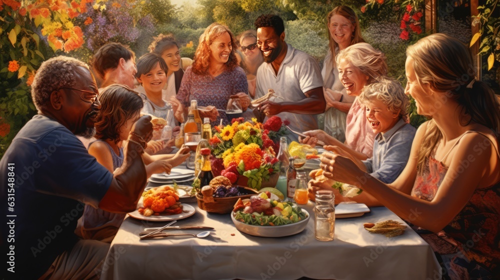 Photo of people enjoying a meal together at a table filled with delicious food
