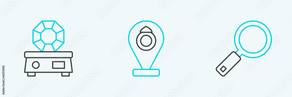 Set line Magnifying glass, Gem stone and Jewelry store icon. Vector Set line Magnifying glass, Gem stone and Jewelry store icon. Vector