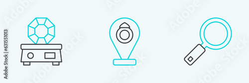 Set line Magnifying glass, Gem stone and Jewelry store icon. Vector