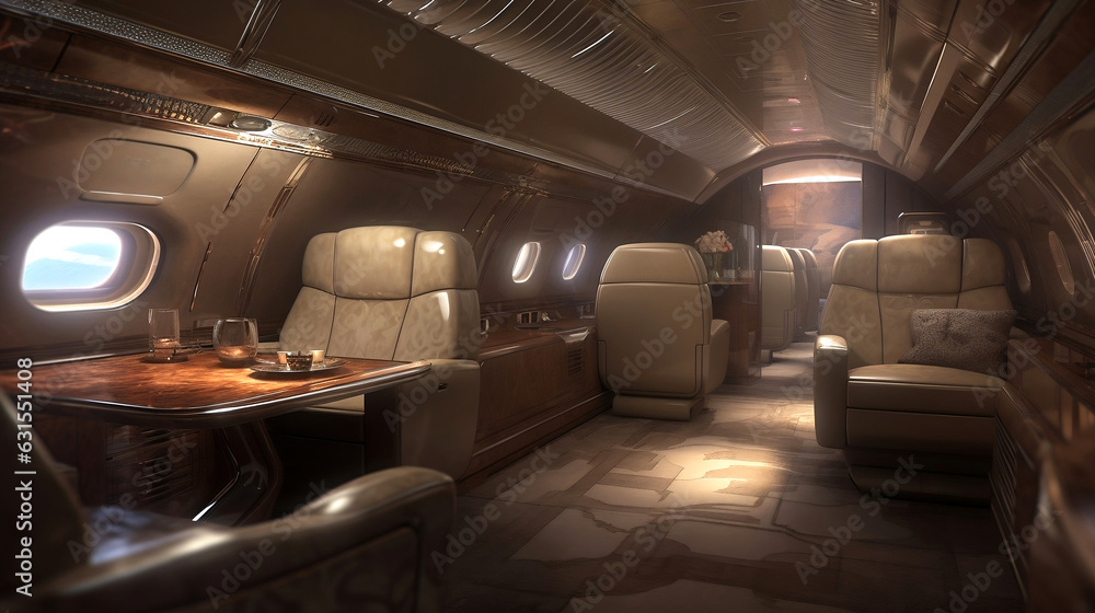 Interior of luxurious private jet with leather seats. Luxury interior in the modern business jet. Travel concept.
Generative AI