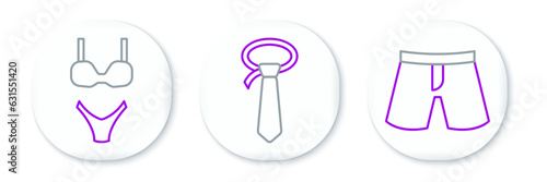 Set line Short or pants, Swimsuit and Tie icon. Vector