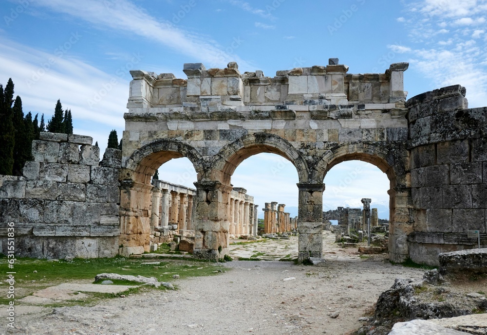 Ancient city of Hierapolis, near stunning landscape of Pamukkale's Cotton Castle in Aegean Turkey