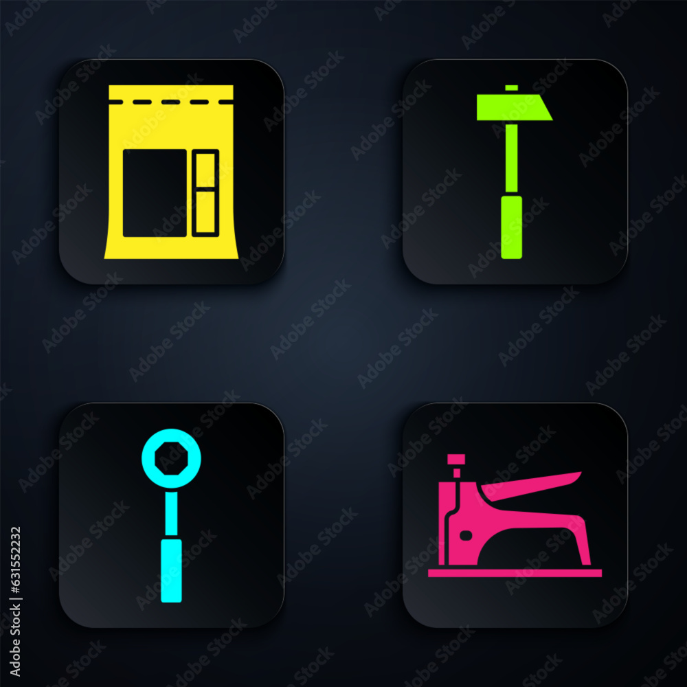 Set Construction stapler, Cement bag, Wrench spanner and Hammer. Black square button. Vector Set Construction stapler, Cement bag, Wrench spanner and Hammer. Black square button. Vector