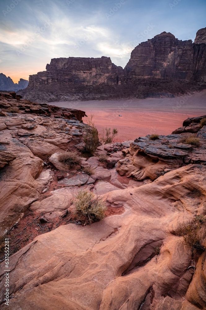 Awe-inspiring sunset in Wadi Wadi, a desert located in the Jordanian Treaty region.