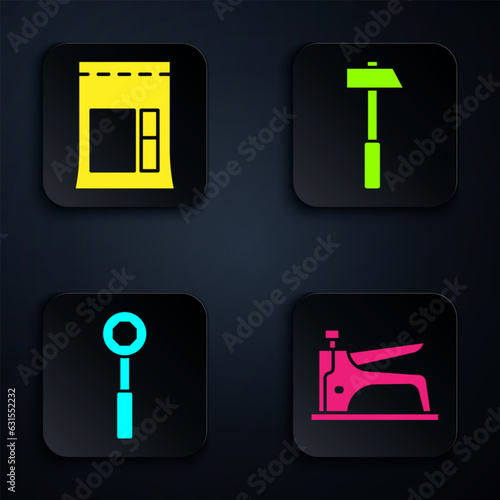 Set Construction stapler, Cement bag, Wrench spanner and Hammer. Black square button. Vector
