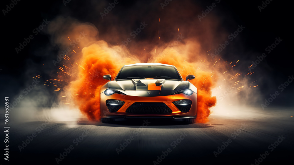 A Modern sports car with orange smoke sparks coming out of it - Generative Ai